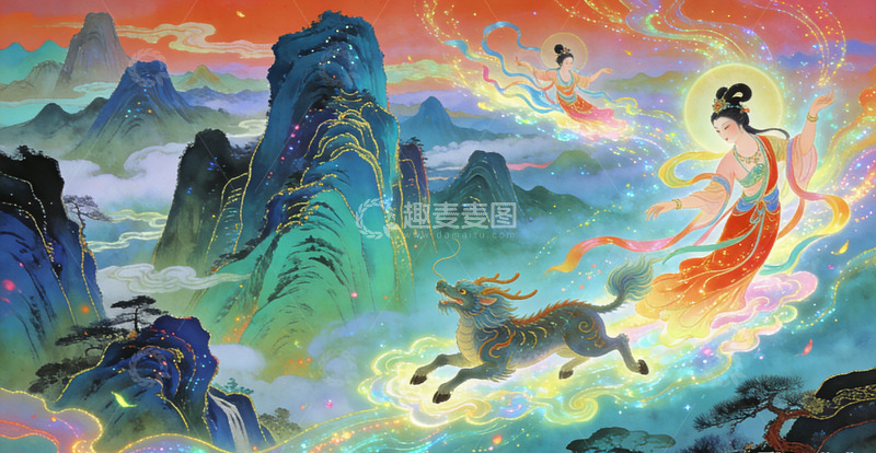 高清大图下载【趣麦麦图】仙山神话骏兽飞翔图装饰画