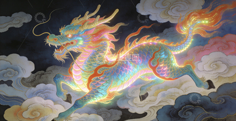 高清大图下载【趣麦麦图】中国龙彩绘画云中飞翔装饰画