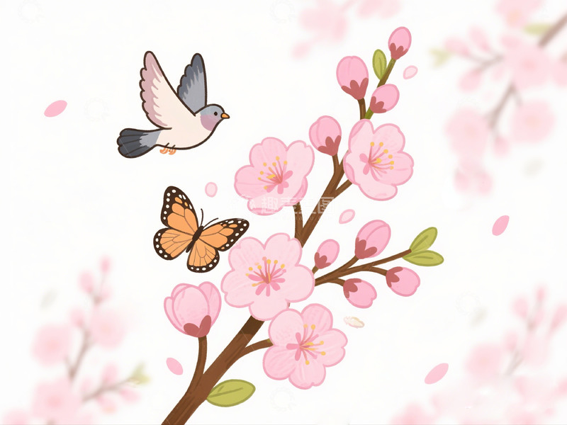 高清大图下载【趣麦麦图】卡通春天花卉蝴蝶鸽子插画