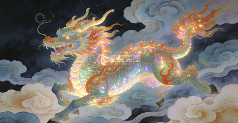 高清大图下载【趣麦麦图】东方神龙祥云插画装饰画