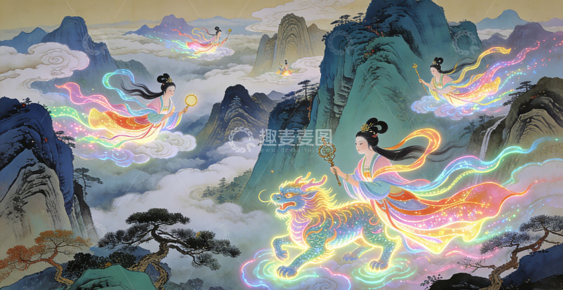 高清大图下载【趣麦麦图】仙山彩绘仙女神兽图装饰画