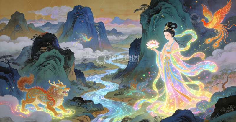 高清大图下载【趣麦麦图】古风仙境仙女凤凰山水画装饰画
