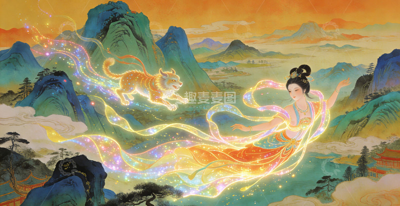 高清大图下载【趣麦麦图】古风仙女与虎梦幻山水画装饰画