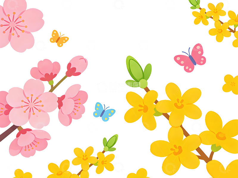 高清大图下载【趣麦麦图】春天花卉蝴蝶卡通插画