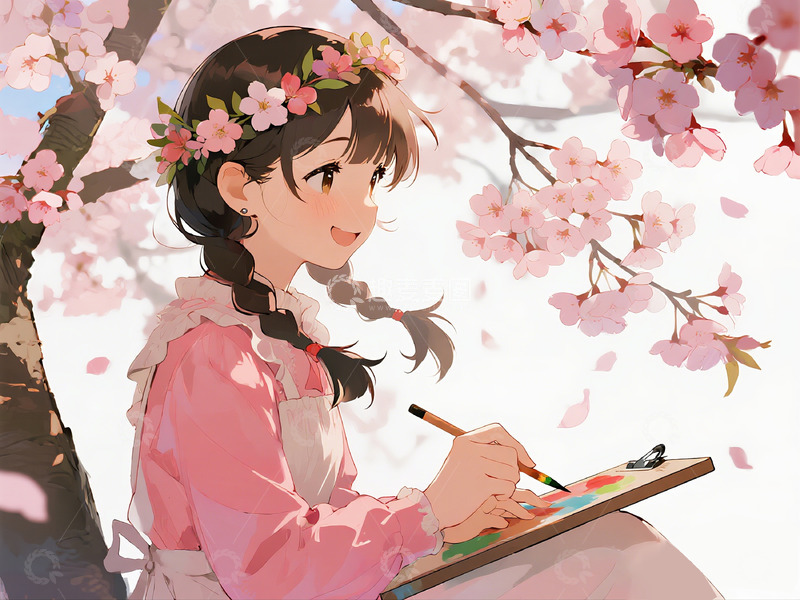 高清大图下载【趣麦麦图】春日樱花绘画少女插画素材