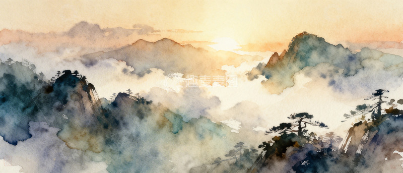 高清大图下载【趣麦麦图】水墨山水日落风光国画素材