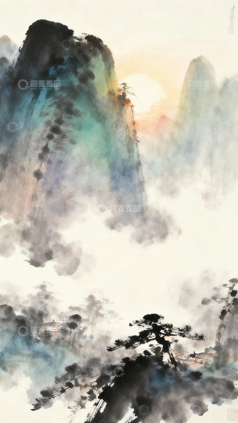 高清大图下载【趣麦麦图】水墨山水日落风光国画素材