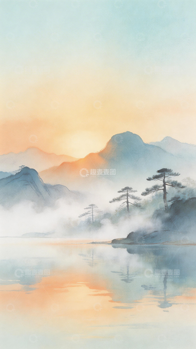 高清大图下载【趣麦麦图】山水水墨画意境风景插画