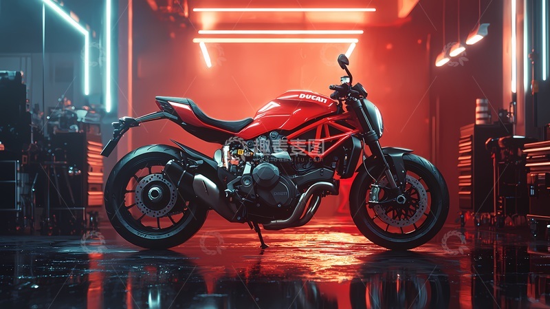 高清大图下载【趣麦麦图】霓虹灯光红色摩托车现代感摄影
