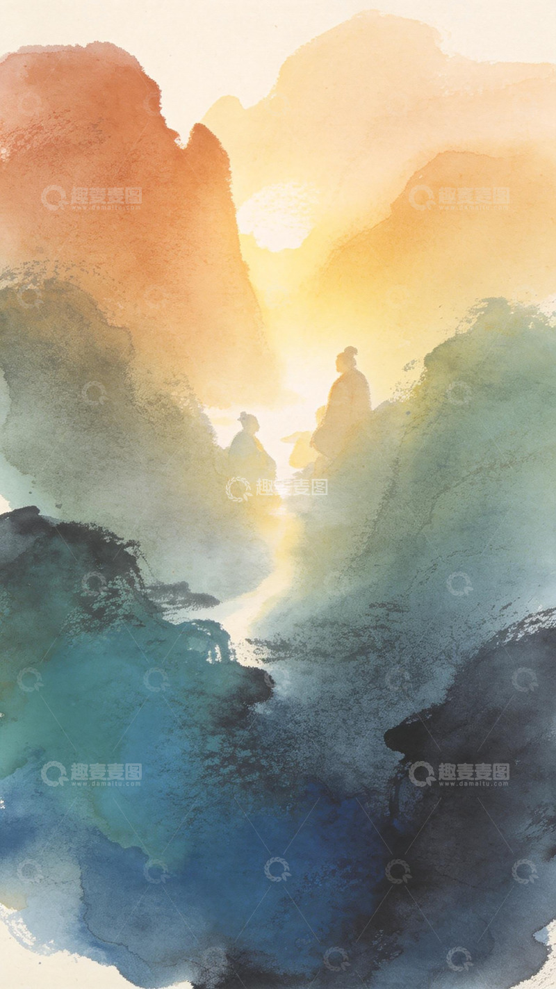 高清大图下载【趣麦麦图】水墨山水意境人物插画