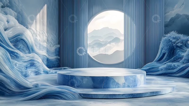 高清大图下载【趣麦麦图】山水意境展示台设计广告背景