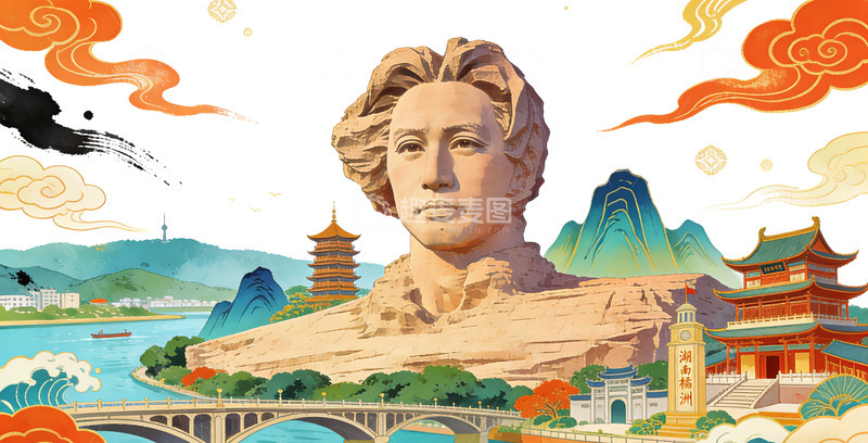 高清大图下载【趣麦麦图】中国风山水画橘子洲城市风景插画
