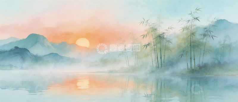 高清大图下载【趣麦麦图】水墨山水竹林日落风景画