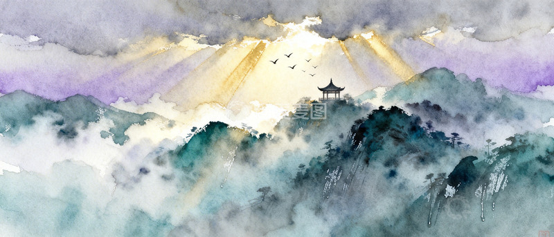 高清大图下载【趣麦麦图】水墨山水云雾缭绕风景画