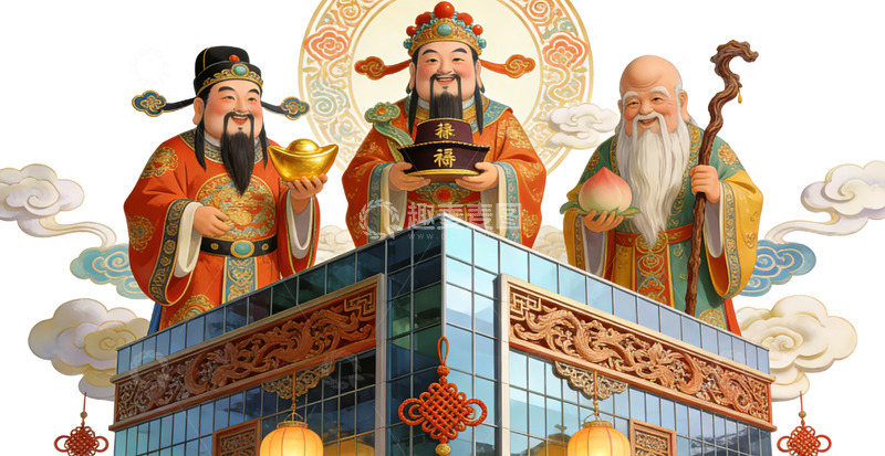 高清大图下载【趣麦麦图】传统中国神像现代建筑融合图