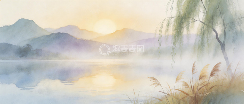 高清大图下载【趣麦麦图】水墨山水日落风光