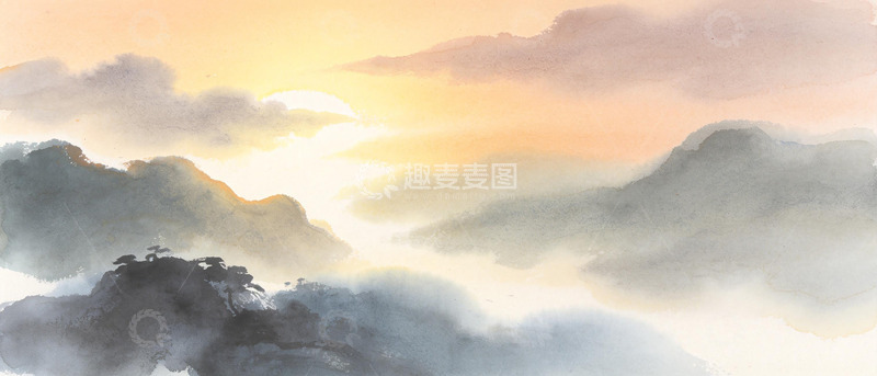 高清大图下载【趣麦麦图】水墨山水画日落云霞风景画