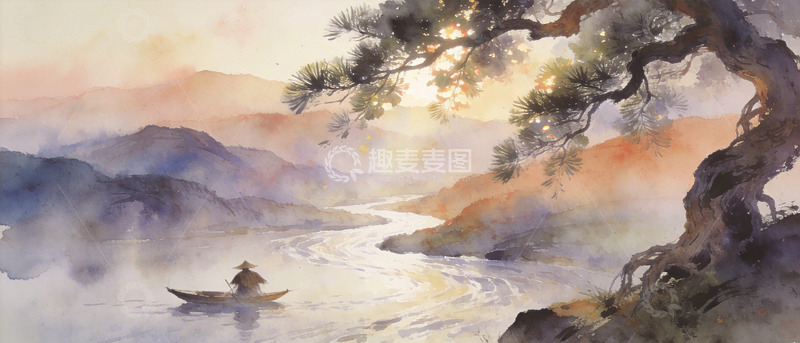高清大图下载【趣麦麦图】水墨山水画江河小舟