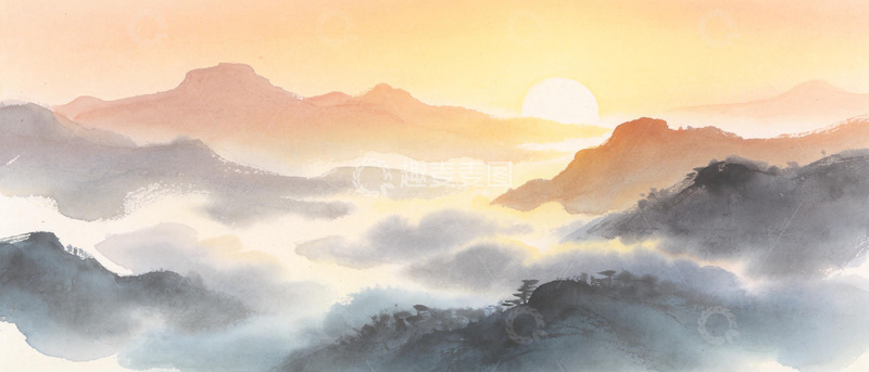 高清大图下载【趣麦麦图】水墨山水画日出风光
