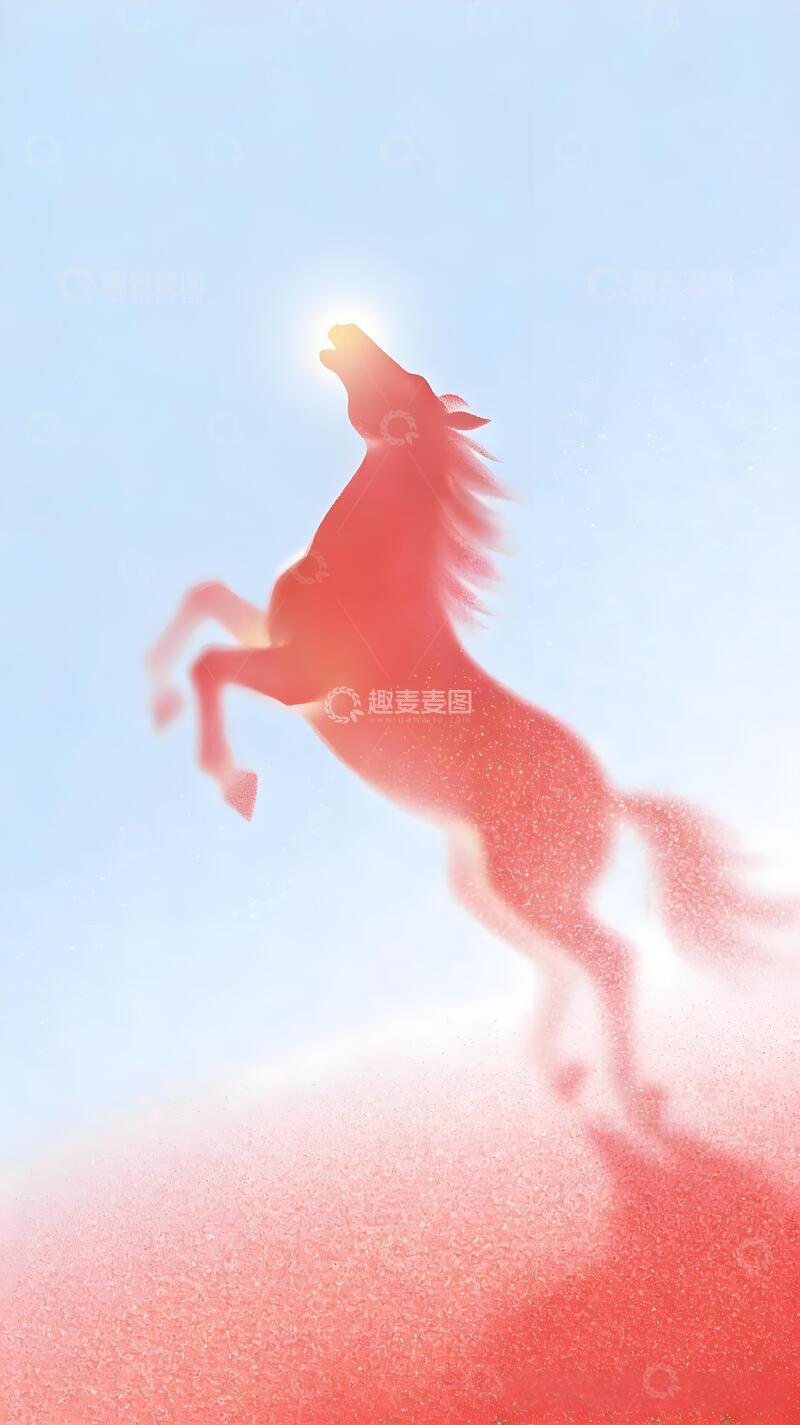 高清大图下载【趣麦麦图】梦幻骏马蓝天艺术背景插画唯美简约