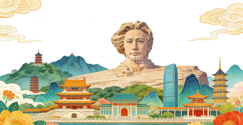 高清大图下载【趣麦麦图】国潮风景插画长沙橘子洲头