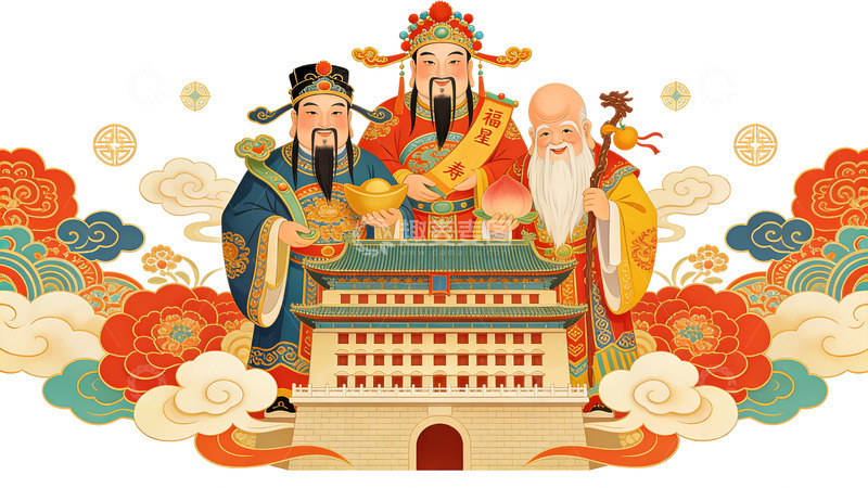 高清大图下载【趣麦麦图】传统中国风财神庆祝插画