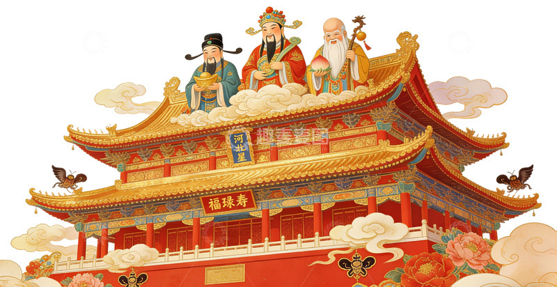 高清大图下载【趣麦麦图】中国风古建筑神仙图案插画