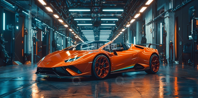 高清大图下载【趣麦麦图】超跑展示橙色豪车科幻工厂