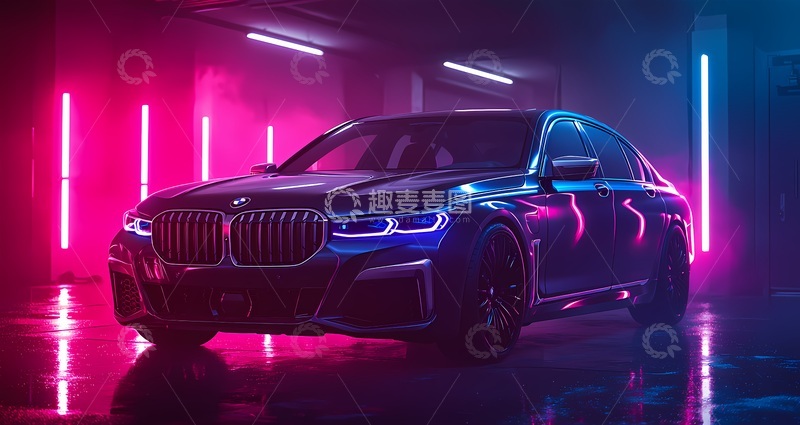 高清大图下载【趣麦麦图】霓虹灯光宝马汽车展示摄影