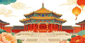 传统中国宫殿建筑插画