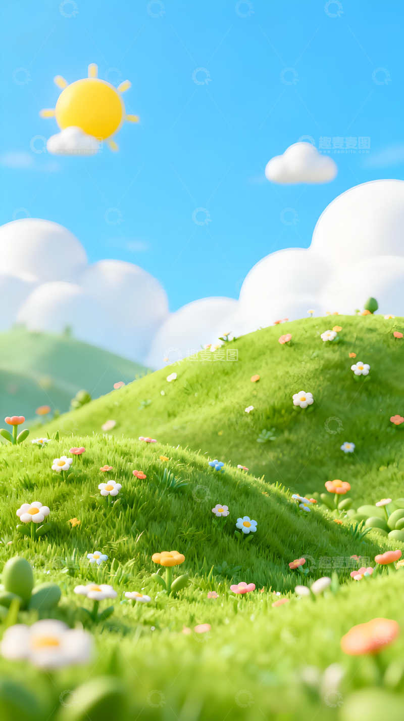 高清大图下载【趣麦麦图】卡通春天草地风景场景插画素材背景