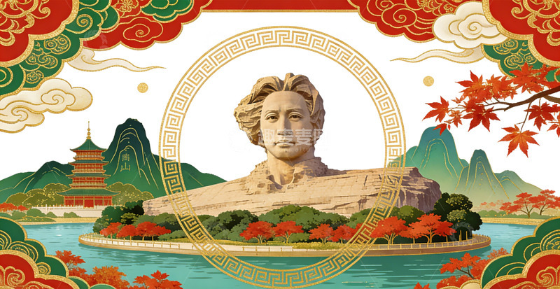 高清大图下载【趣麦麦图】国风橘子洲山水雕像艺术插画