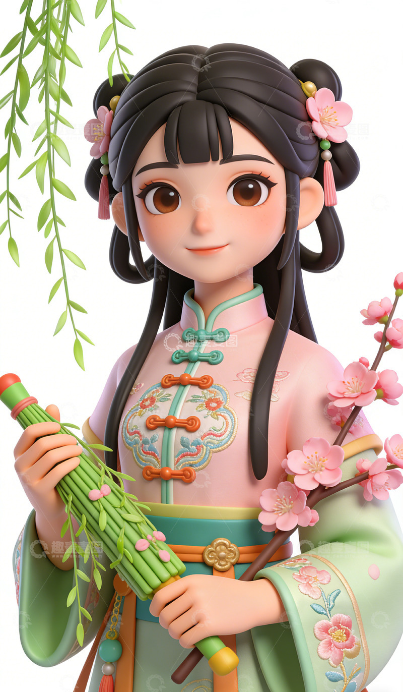 高清大图下载【趣麦麦图】古风少女持花插画手办素材