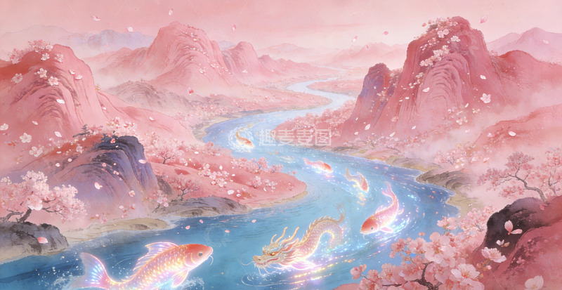 高清大图下载【趣麦麦图】古风山水锦鲤画卷装饰画