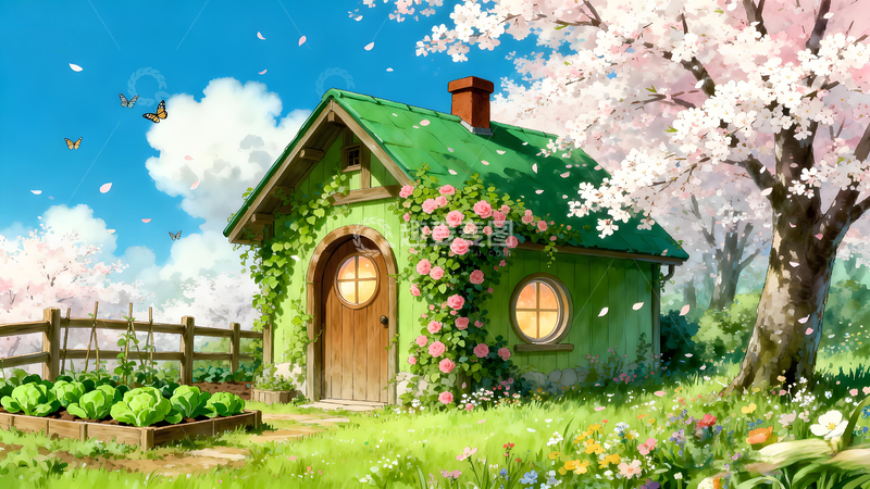 高清大图下载【趣麦麦图】田园风绿色小屋唯美梦幻插画