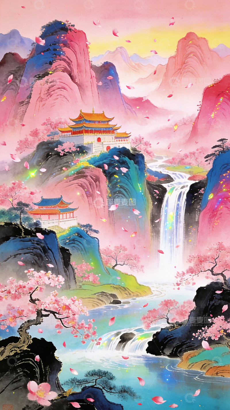 高清大图下载【趣麦麦图】东方山水画樱花瀑布风光装饰画
