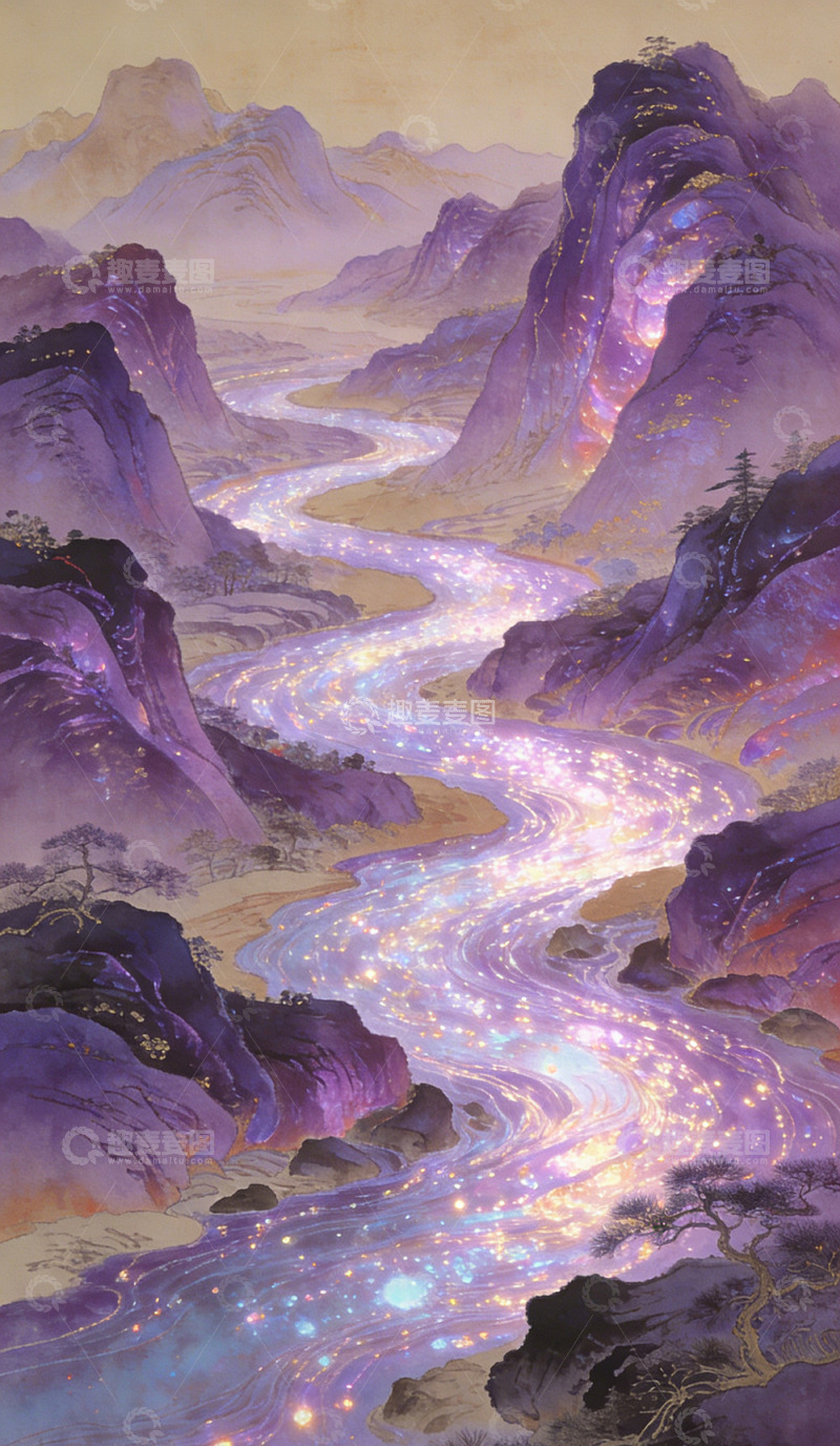 高清大图下载【趣麦麦图】梦幻星河山谷插画装饰画