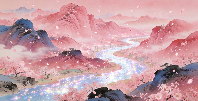 高清大图下载【趣麦麦图】古风山水桃花美景插画装饰画