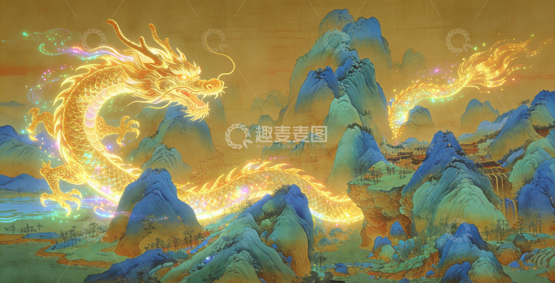 高清大图下载【趣麦麦图】金色的龙在山水间飞舞装饰画