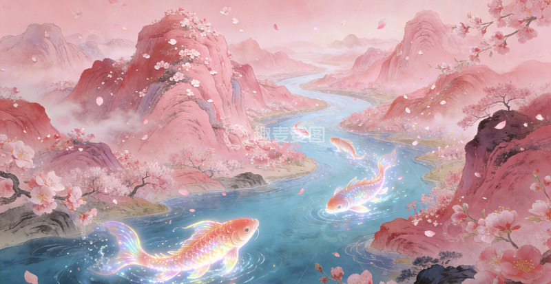 高清大图下载【趣麦麦图】锦鲤山水国风插画装饰画