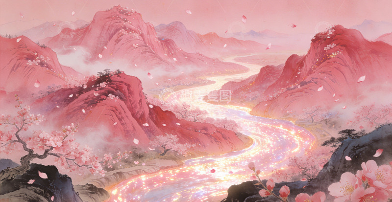 高清大图下载【趣麦麦图】东方山水画粉红花树河流装饰画