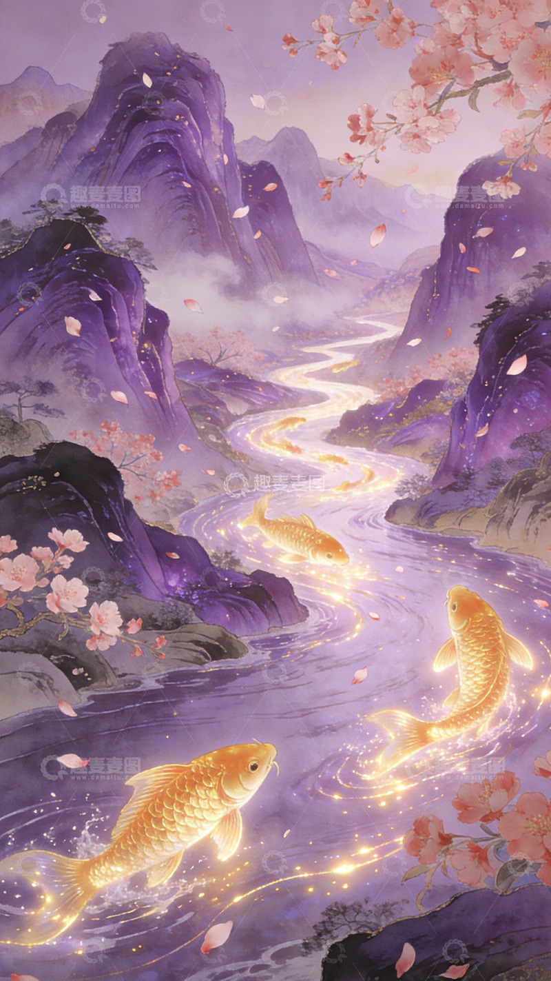 高清大图下载【趣麦麦图】梦幻山水锦鲤图装饰画