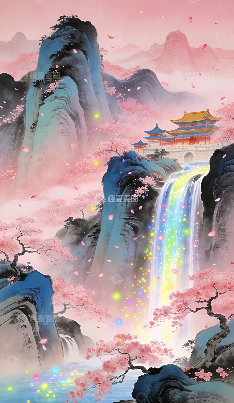 高清大图下载【趣麦麦图】水墨山水樱花仙境装饰画