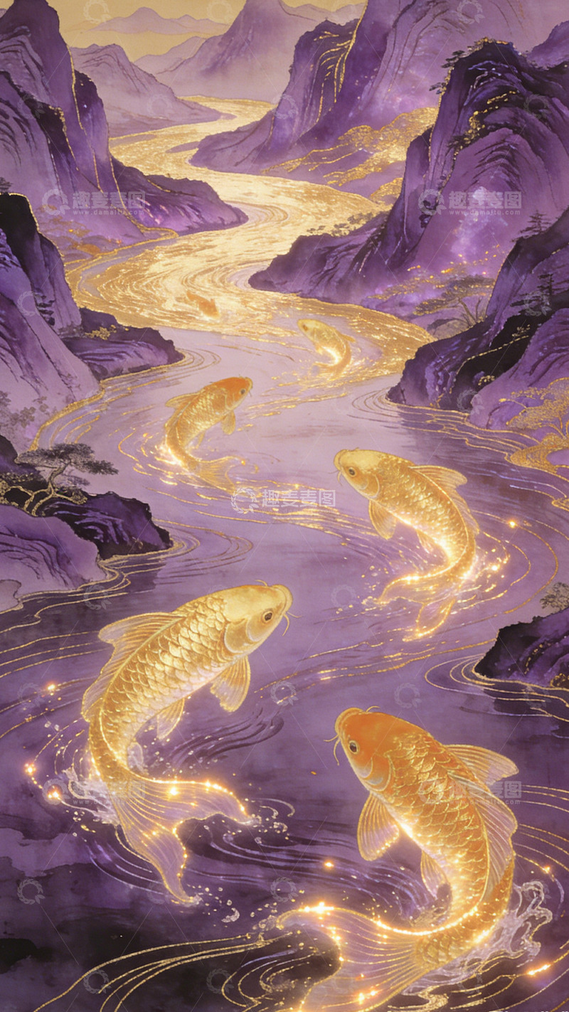 高清大图下载【趣麦麦图】梦幻锦鲤山水插画装饰画