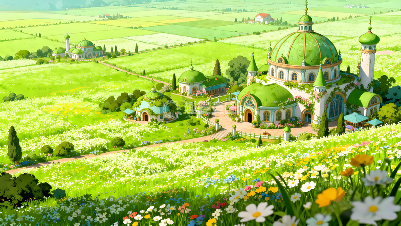 高清大图下载【趣麦麦图】田园风光教堂自然美景插画