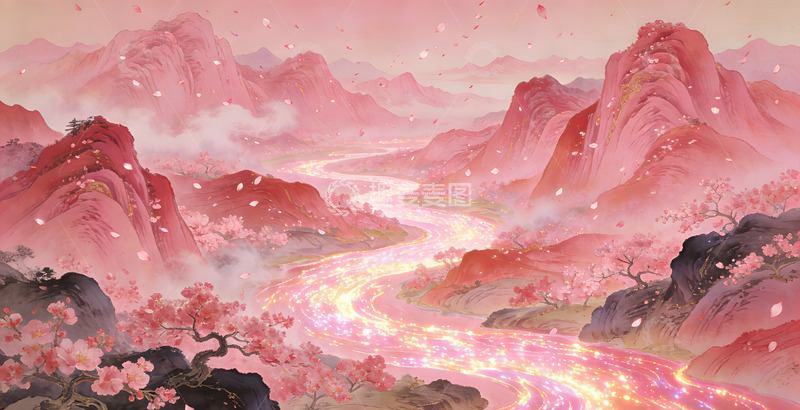 高清大图下载【趣麦麦图】粉色山水梦幻插画装饰画