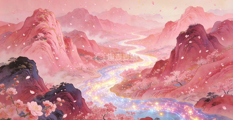 高清大图下载【趣麦麦图】梦幻山河粉色山水画装饰画