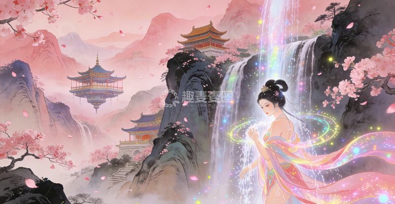 高清大图下载【趣麦麦图】古风仙女瀑布山水画装饰画