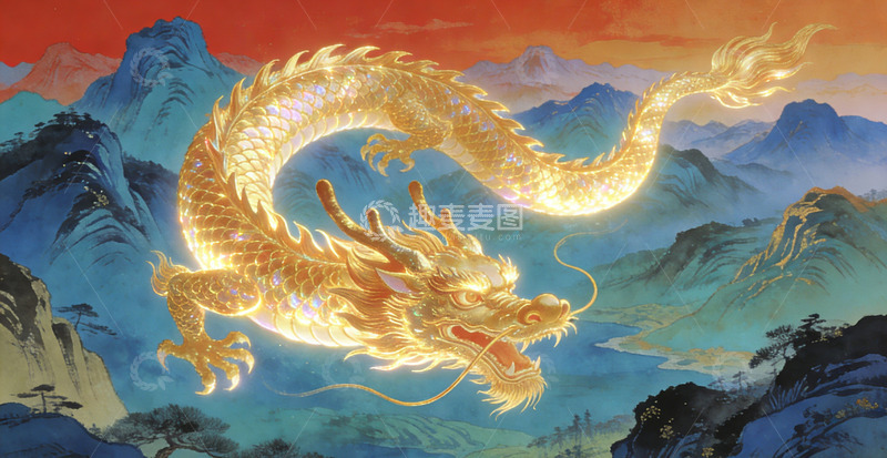 高清大图下载【趣麦麦图】金色龙飞山水画装饰画