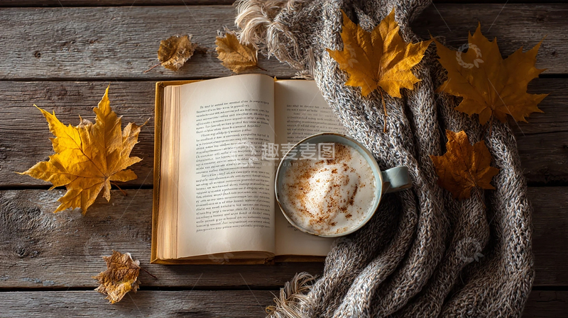高清大图下载【趣麦麦图】落叶伴随书香氛围